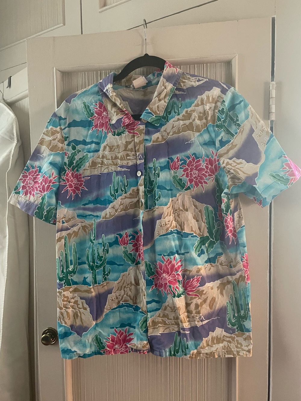 Short Sleeve Desert Floral Hawaiian Button-Down Shirt - Teal & Pink